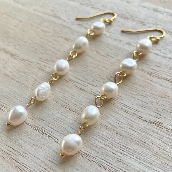 Earrings Long Dangle, Pearl Gold baroque pearls - Picture 2 of 3